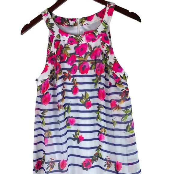 New Betsey Johnson 8 Medium Shift Dress Floral Striped Blue Pink White Slavs - Picture 2 of 4